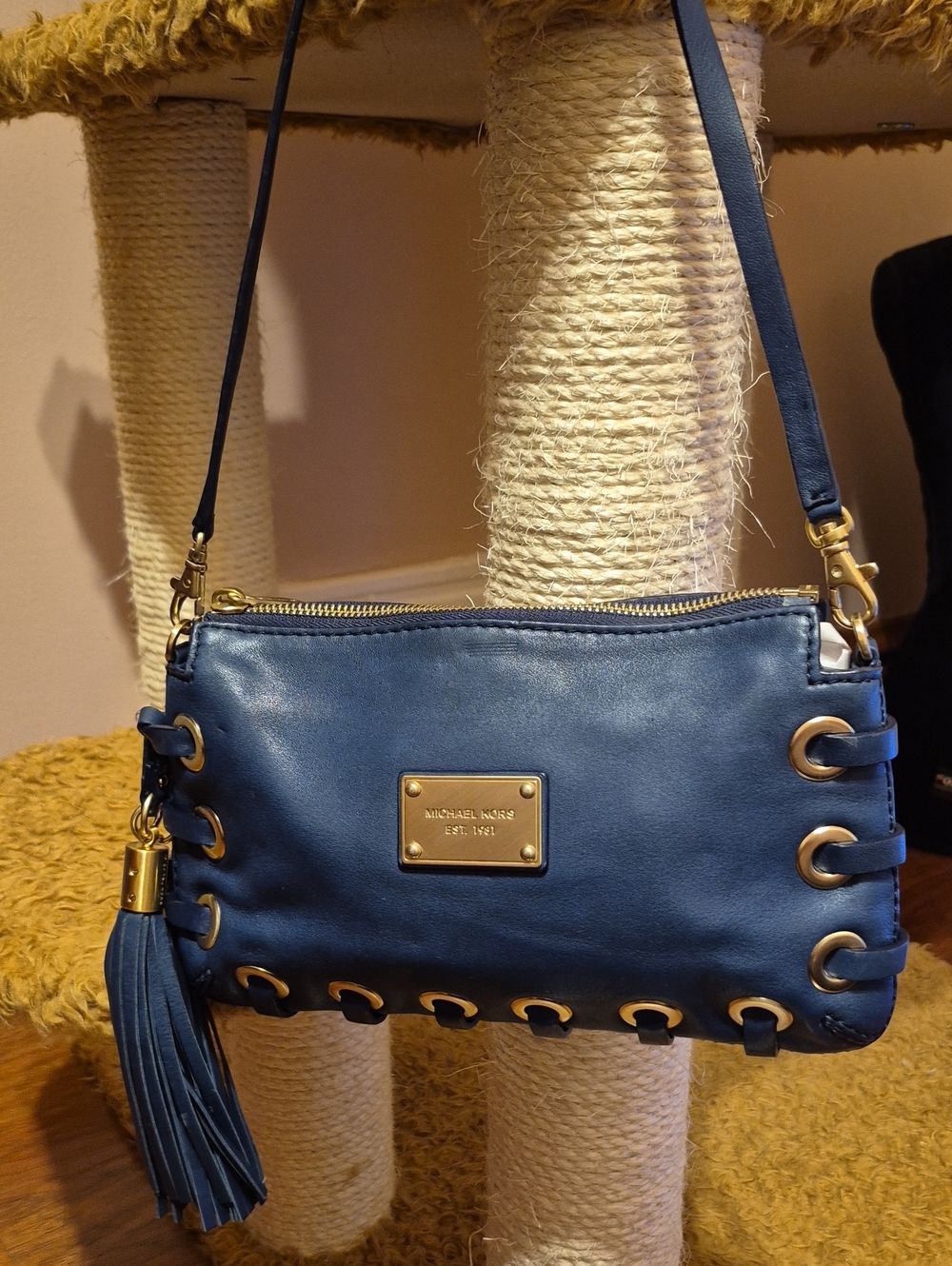 Michael Kors Navy Leather Shoulder Bag with Tassel and Gold Hardware